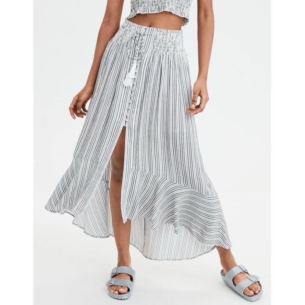 Pink Laundry Black and White Striped Smock Waist High-Low Skirt